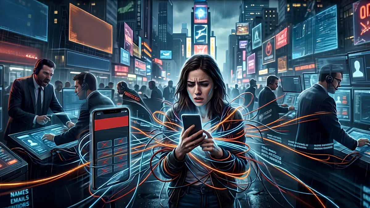 Editorial illustration of a personal data listing assembled from harvested signals on a people-search site